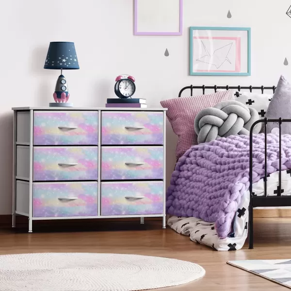 imageSorbus Kids Dresser with 6 Drawers  Storage Chest Organizer Nightstand  Steel Frame Wood Top TieDye Fabric Bins for Clothes  Wide Furniture for Bedroom Hallway Nursery Closet ampamp ApartmentRainbow Sparkle
