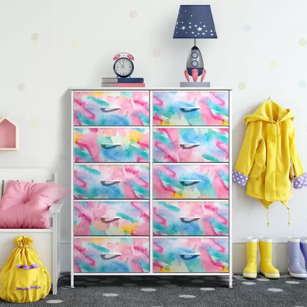 imageSorbus Kids Dresser with 6 Drawers  Storage Chest Organizer Nightstand  Steel Frame Wood Top TieDye Fabric Bins for Clothes  Wide Furniture for Bedroom Hallway Nursery Closet ampamp ApartmentWatercolor