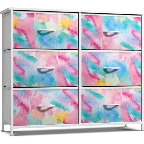 imageSorbus Kids Dresser with 6 Drawers  Storage Chest Organizer Nightstand  Steel Frame Wood Top TieDye Fabric Bins for Clothes  Wide Furniture for Bedroom Hallway Nursery Closet ampamp ApartmentWatercolor