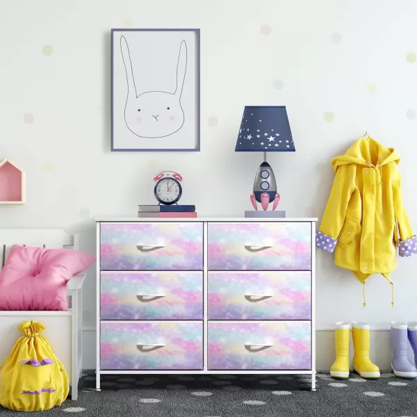 imageSorbus Kids Dresser with 6 Drawers  Storage Chest Organizer Nightstand  Steel Frame Wood Top TieDye Fabric Bins for Clothes  Wide Furniture for Bedroom Hallway Nursery Closet ampamp ApartmentRainbow Sparkle