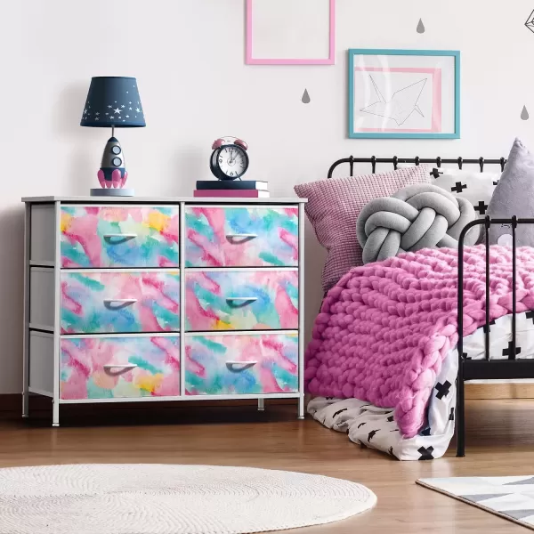 imageSorbus Kids Dresser with 6 Drawers  Storage Chest Organizer Nightstand  Steel Frame Wood Top TieDye Fabric Bins for Clothes  Wide Furniture for Bedroom Hallway Nursery Closet ampamp ApartmentWatercolor