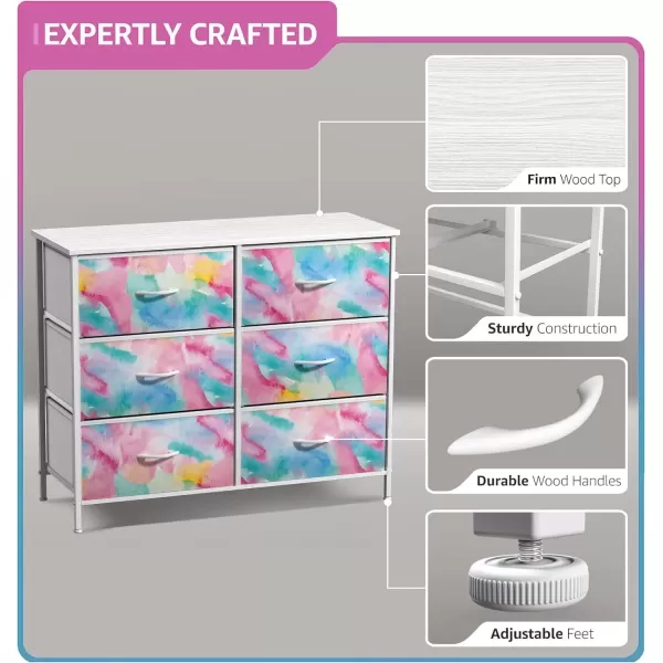 imageSorbus Kids Dresser with 6 Drawers  Storage Chest Organizer Nightstand  Steel Frame Wood Top TieDye Fabric Bins for Clothes  Wide Furniture for Bedroom Hallway Nursery Closet ampamp ApartmentWatercolor