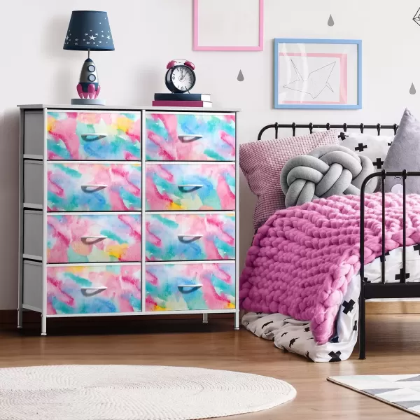 imageSorbus Kids Dresser with 6 Drawers  Storage Chest Organizer Nightstand  Steel Frame Wood Top TieDye Fabric Bins for Clothes  Wide Furniture for Bedroom Hallway Nursery Closet ampamp ApartmentWatercolor