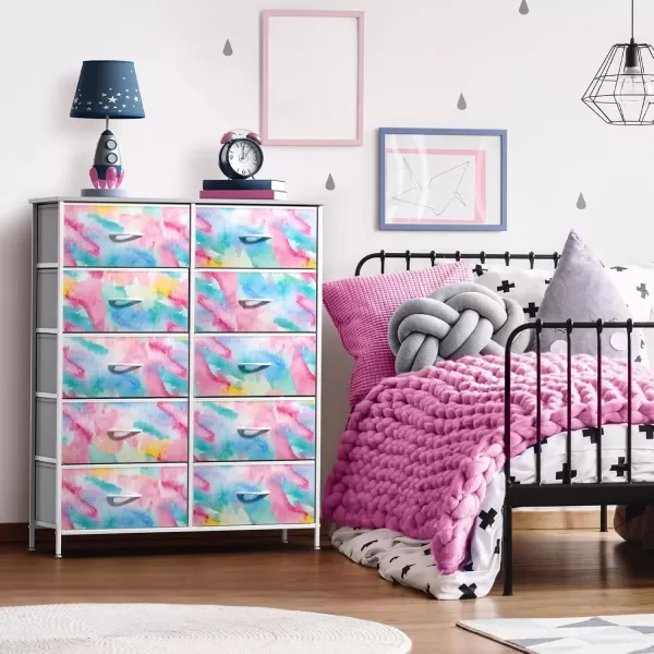imageSorbus Kids Dresser with 6 Drawers  Storage Chest Organizer Nightstand  Steel Frame Wood Top TieDye Fabric Bins for Clothes  Wide Furniture for Bedroom Hallway Nursery Closet ampamp ApartmentWatercolor