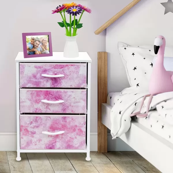 imageSorbus Nightstand with 3 Drawers  Furniture Storage Chest Tower Unit for Bedroom Hallway Closet Office Organization  Steel Frame Wood Top Pastel Fabric Bin PinkTiedye Pink