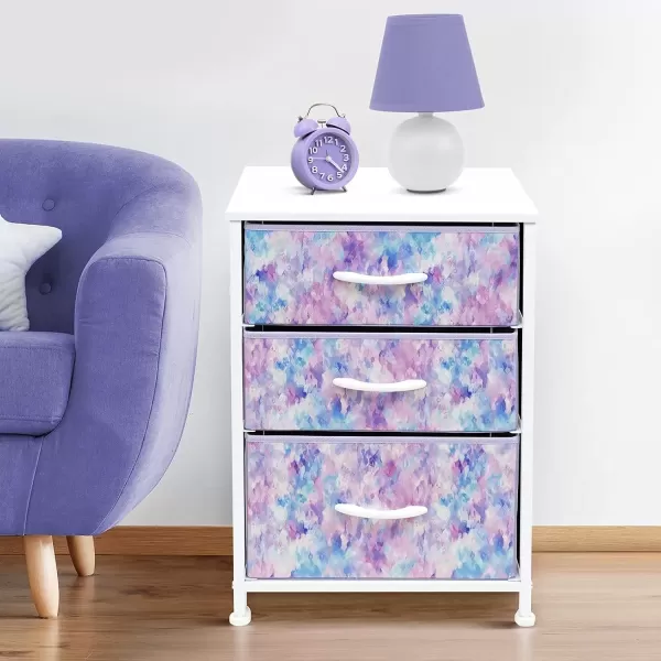 imageSorbus Nightstand with 3 Drawers  Furniture Storage Chest Tower Unit for Bedroom Hallway Closet Office Organization  Steel Frame Wood Top Pastel Fabric Bin PinkTiedye Purple