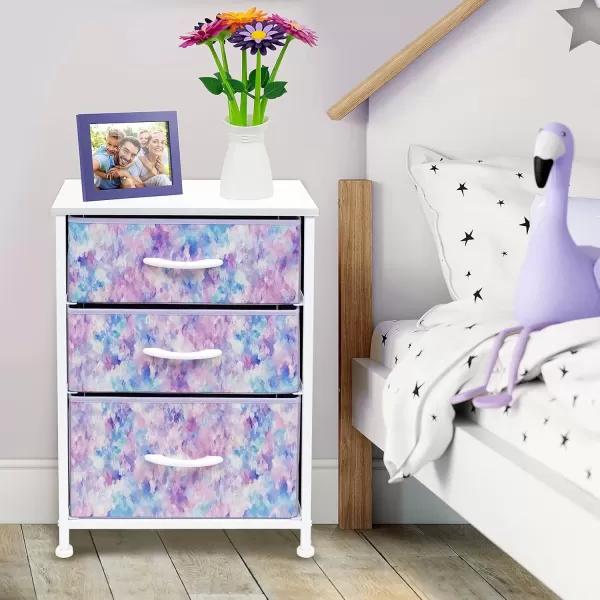 imageSorbus Nightstand with 3 Drawers  Furniture Storage Chest Tower Unit for Bedroom Hallway Closet Office Organization  Steel Frame Wood Top Pastel Fabric Bin PinkTiedye Purple
