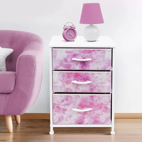 imageSorbus Nightstand with 3 Drawers  Furniture Storage Chest Tower Unit for Bedroom Hallway Closet Office Organization  Steel Frame Wood Top Pastel Fabric Bin PinkTiedye Pink