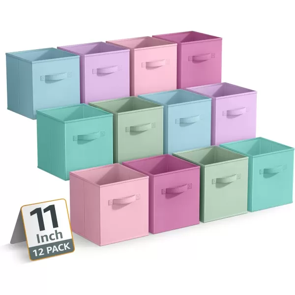 imageSorbus 11 Inch Storage Bins  Sturdy Collapsible Fabric Storage Cubes with Handle  12 Foldable Baskets for Organizing Clothes Toys Books  Storage Baskets for Shelves Closets12 Pack Pastel MultiColor 2