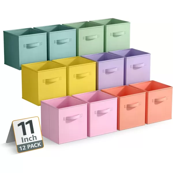 imageSorbus 11 Inch Storage Bins  Sturdy Collapsible Fabric Storage Cubes with Handle  12 Foldable Baskets for Organizing Clothes Toys Books  Storage Baskets for Shelves Closets12 Pack Pastel MultiColor