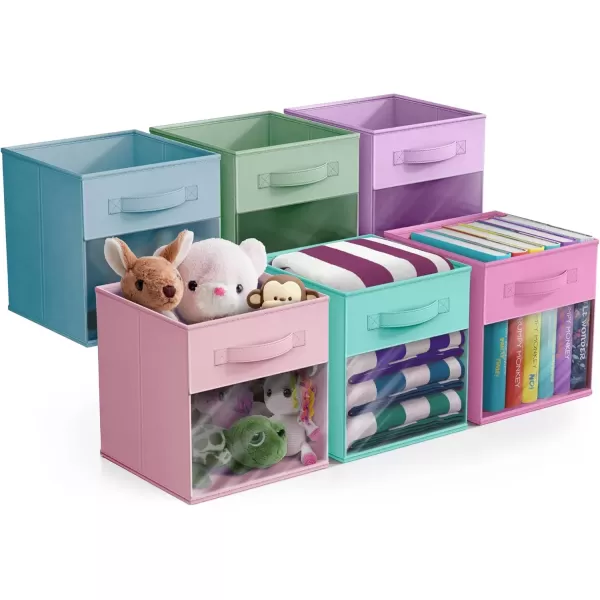 imageSorbus 11 Inch Storage Bins with Clear Window  6 Foldable Baskets for Organizing Clothes Toys Books  Sturdy Collapsible Fabric Storage Cubes with Handle  Storage Baskets for Shelves ClosetsPastel MultiColor 2 with Window