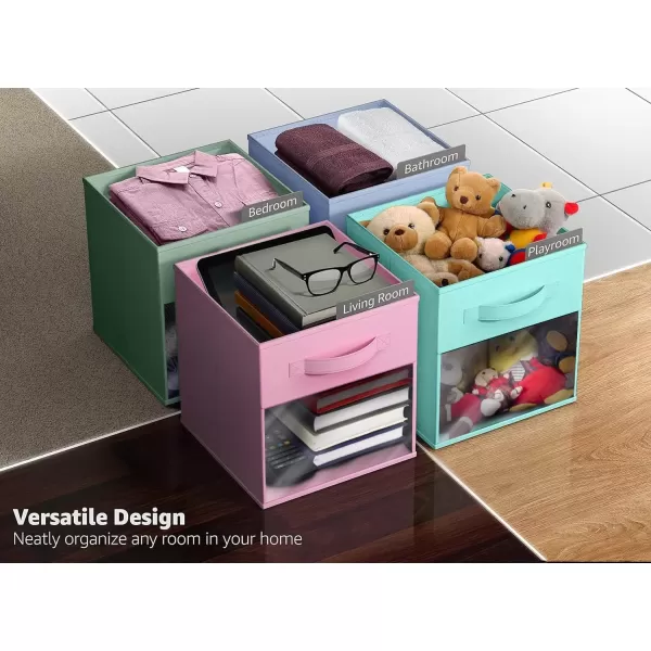 imageSorbus 11 Inch Storage Bins with Clear Window  6 Foldable Baskets for Organizing Clothes Toys Books  Sturdy Collapsible Fabric Storage Cubes with Handle  Storage Baskets for Shelves ClosetsPastel MultiColor 2 with Window