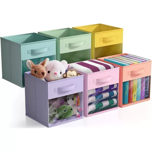 imageSorbus 11 Inch Storage Bins with Clear Window  6 Foldable Baskets for Organizing Clothes Toys Books  Sturdy Collapsible Fabric Storage Cubes with Handle  Storage Baskets for Shelves ClosetsPastel MultiColor with Window