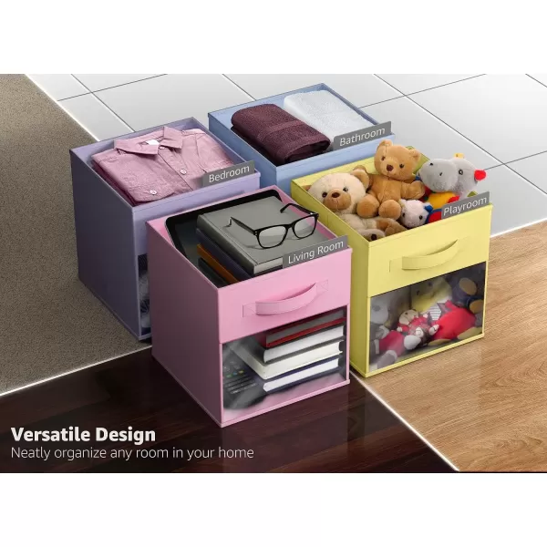imageSorbus 11 Inch Storage Bins with Clear Window  6 Foldable Baskets for Organizing Clothes Toys Books  Sturdy Collapsible Fabric Storage Cubes with Handle  Storage Baskets for Shelves ClosetsPastel MultiColor with Window
