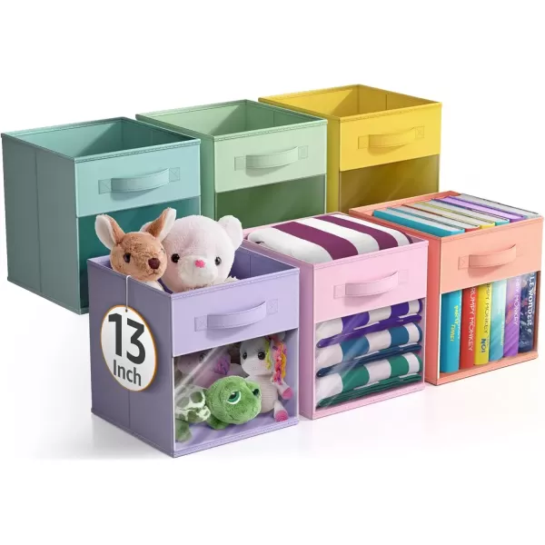 imageSorbus 11 Inch Storage Bins with Clear Window  6 Foldable Baskets for Organizing Clothes Toys Books  Sturdy Collapsible Fabric Storage Cubes with Handle  Storage Baskets for Shelves ClosetsPastel MultiColor with Window