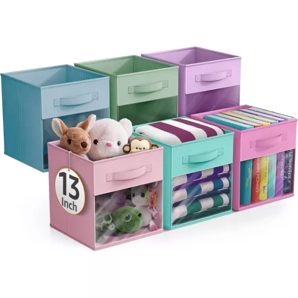 imageSorbus 11 Inch Storage Bins with Clear Window  6 Foldable Baskets for Organizing Clothes Toys Books  Sturdy Collapsible Fabric Storage Cubes with Handle  Storage Baskets for Shelves ClosetsPastel MultiColor 2 with Window
