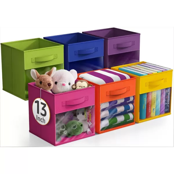 imageSorbus 13 Inch Storage Bins with Clear Window  6 Foldable Baskets for Organizing Clothes Toys Books  Sturdy Collapsible Fabric Storage Cubes with Handle  Storage Baskets for Shelves ClosetsBright Rainbow with Window