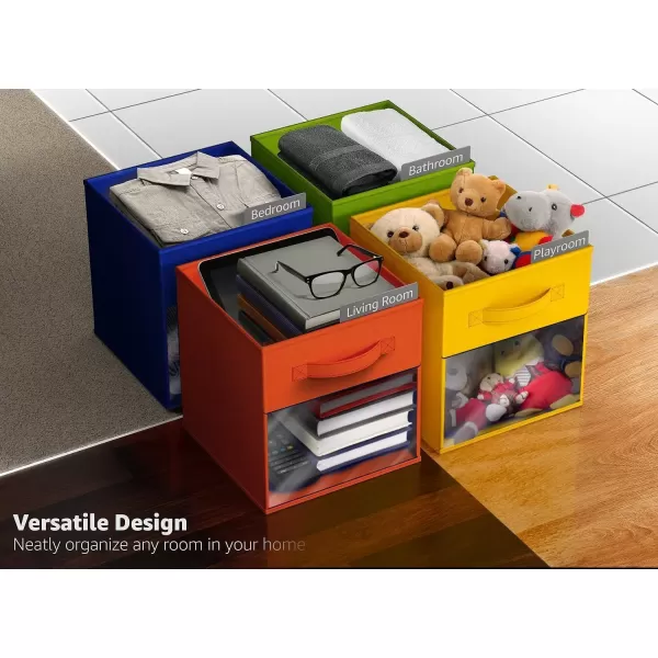 imageSorbus 13 Inch Storage Bins with Clear Window  6 Foldable Baskets for Organizing Clothes Toys Books  Sturdy Collapsible Fabric Storage Cubes with Handle  Storage Baskets for Shelves ClosetsBright Rainbow with Window