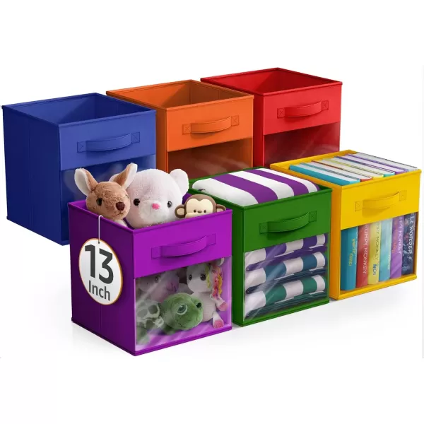 imageSorbus 13 Inch Storage Bins with Clear Window  6 Foldable Baskets for Organizing Clothes Toys Books  Sturdy Collapsible Fabric Storage Cubes with Handle  Storage Baskets for Shelves ClosetsDeep Rainbow with Window