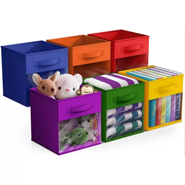 imageSorbus 13 Inch Storage Bins with Clear Window  6 Foldable Baskets for Organizing Clothes Toys Books  Sturdy Collapsible Fabric Storage Cubes with Handle  Storage Baskets for Shelves ClosetsDeep Rainbow with Window