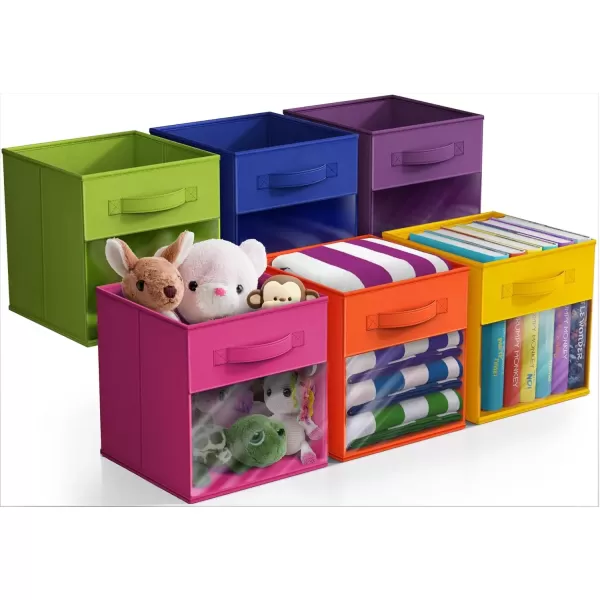 imageSorbus 13 Inch Storage Bins with Clear Window  6 Foldable Baskets for Organizing Clothes Toys Books  Sturdy Collapsible Fabric Storage Cubes with Handle  Storage Baskets for Shelves ClosetsBright Rainbow with Window