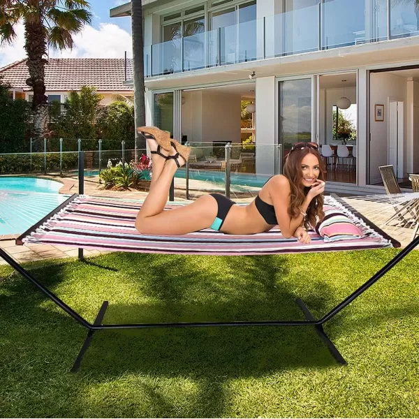 imageSorbus 2Person Stylish Hammock with Stand 53quot Large Cotton Outdoor Hammock Spreadedbars ampamp Pillow Included Heavy Duty 450lbs Portable Hammock for Garden Patio Outdoor Camping Comfortable WashableMocha
