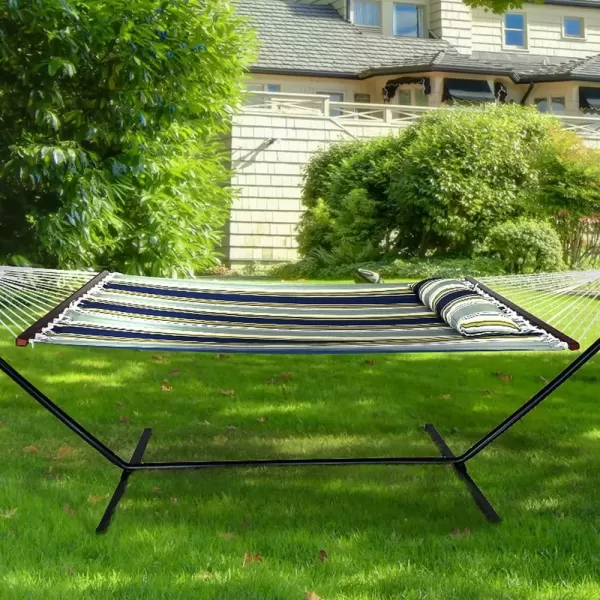 imageSorbus 2Person Stylish Hammock with Stand 53quot Large Cotton Outdoor Hammock Spreadedbars ampamp Pillow Included Heavy Duty 450lbs Portable Hammock for Garden Patio Outdoor Camping Comfortable WashableBlueAqua