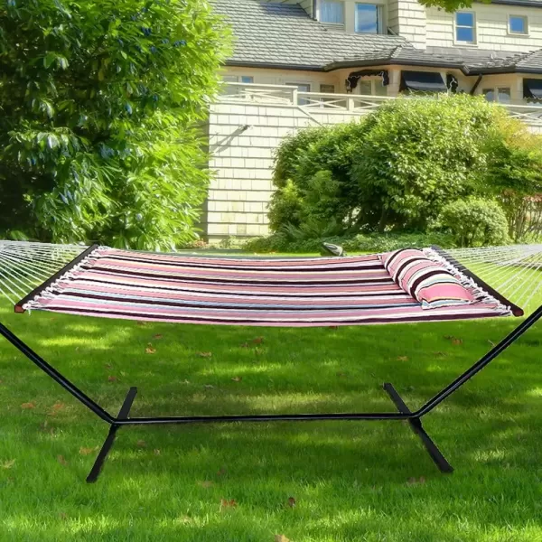 imageSorbus 2Person Stylish Hammock with Stand 53quot Large Cotton Outdoor Hammock Spreadedbars ampamp Pillow Included Heavy Duty 450lbs Portable Hammock for Garden Patio Outdoor Camping Comfortable WashableMocha