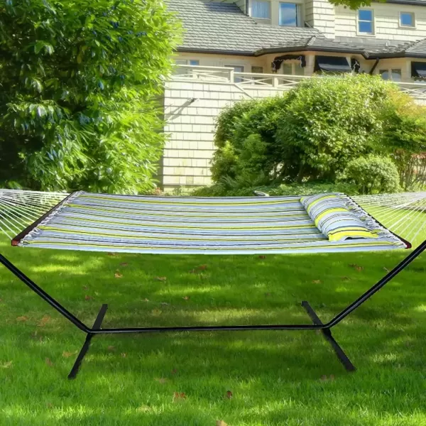 imageSorbus 2Person Stylish Hammock with Stand 53quot Large Cotton Outdoor Hammock Spreadedbars ampamp Pillow Included Heavy Duty 450lbs Portable Hammock for Garden Patio Outdoor Camping Comfortable WashableGreenBlue