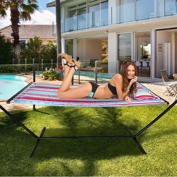 imageSorbus 2Person Stylish Hammock with Stand 53quot Large Cotton Outdoor Hammock Spreadedbars ampamp Pillow Included Heavy Duty 450lbs Portable Hammock for Garden Patio Outdoor Camping Comfortable WashableBlueRed