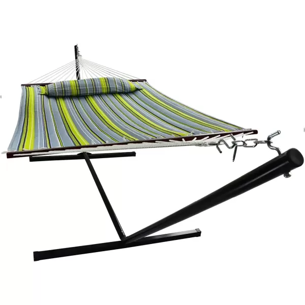 imageSorbus 2Person Stylish Hammock with Stand 53quot Large Cotton Outdoor Hammock Spreadedbars ampamp Pillow Included Heavy Duty 450lbs Portable Hammock for Garden Patio Outdoor Camping Comfortable WashableGreenBlue