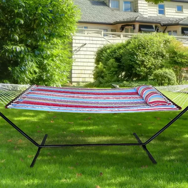 imageSorbus 2Person Stylish Hammock with Stand 53quot Large Cotton Outdoor Hammock Spreadedbars ampamp Pillow Included Heavy Duty 450lbs Portable Hammock for Garden Patio Outdoor Camping Comfortable WashableBlueRed