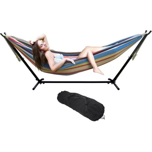 imageSorbus 2Person Stylish Hammock with Steel Stand Premium Cotton Blend 60quot Large Hammock Bed Heavy Duty 450lbs Portable Hammock wCarrying Case  For Garden Yard Patio Outdoor Camping Gifts WashableBlueSandPurpleRed