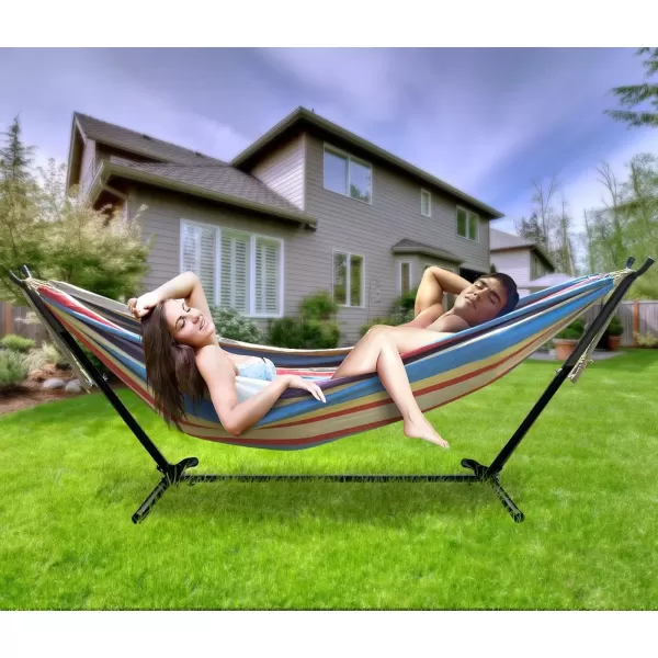 imageSorbus 2Person Stylish Hammock with Steel Stand Premium Cotton Blend 60quot Large Hammock Bed Heavy Duty 450lbs Portable Hammock wCarrying Case  For Garden Yard Patio Outdoor Camping Gifts WashableBlueSandPurpleRed