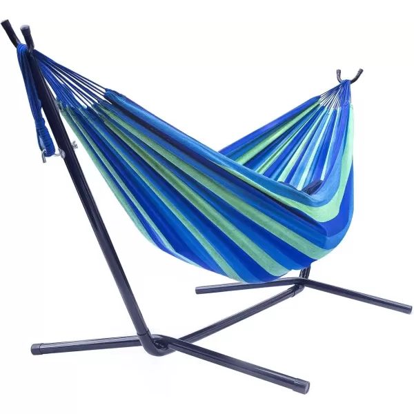 imageSorbus 2Person Stylish Hammock with Steel Stand Premium Cotton Blend 60quot Large Hammock Bed Heavy Duty 450lbs Portable Hammock wCarrying Case  For Garden Yard Patio Outdoor Camping Gifts WashableBlueGreen