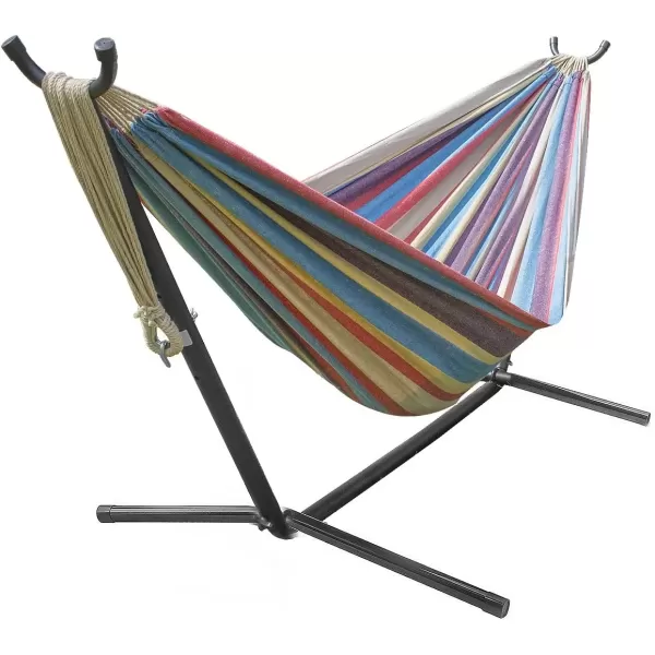 imageSorbus 2Person Stylish Hammock with Steel Stand Premium Cotton Blend 60quot Large Hammock Bed Heavy Duty 450lbs Portable Hammock wCarrying Case  For Garden Yard Patio Outdoor Camping Gifts WashableBlueSandPurpleRed