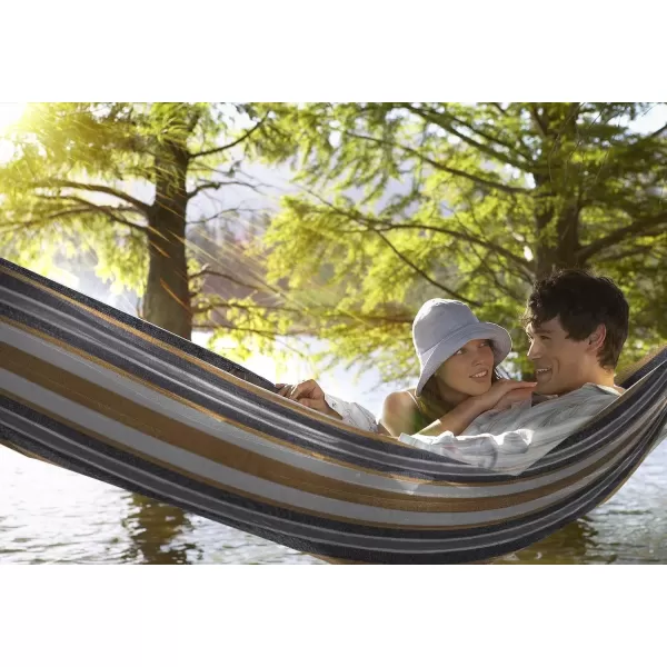imageSorbus 2Person Stylish Hammock with Steel Stand Premium Cotton Blend 60quot Large Hammock Bed Heavy Duty 450lbs Portable Hammock wCarrying Case  For Garden Yard Patio Outdoor Camping Gifts WashableDesertbrown Blue