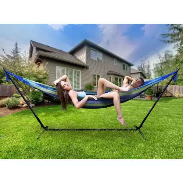 imageSorbus 2Person Stylish Hammock with Steel Stand Premium Cotton Blend 60quot Large Hammock Bed Heavy Duty 450lbs Portable Hammock wCarrying Case  For Garden Yard Patio Outdoor Camping Gifts WashableBlueGreen
