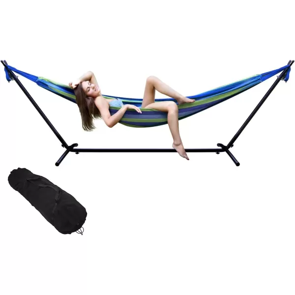 imageSorbus 2Person Stylish Hammock with Steel Stand Premium Cotton Blend 60quot Large Hammock Bed Heavy Duty 450lbs Portable Hammock wCarrying Case  For Garden Yard Patio Outdoor Camping Gifts WashableBlueGreen