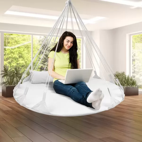 imageSorbus 56quot Stylish Hanging Swing Nest  Premium Cotton Double Hammock Daybed Saucer Style Lounger Swing  264lbs Sturdy Spinner Tree Swing wPillow  Easy Setup  for IndoorOutdoor Travel  WhiteSwing Nest  White