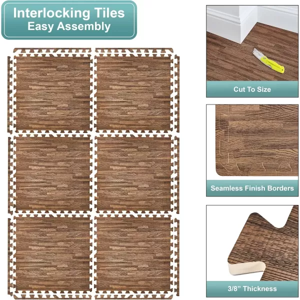 imageSorbus 96 Sq Ft Wood Grain Floor Tiles Foam Mat EVA Interlocking Mats Tile 38Inch Thick Flooring Wood Puzzle Exercise Mats wBorders  Home Playroom Basement Apartment Trade Show Baby DanceWood Grain  Dark