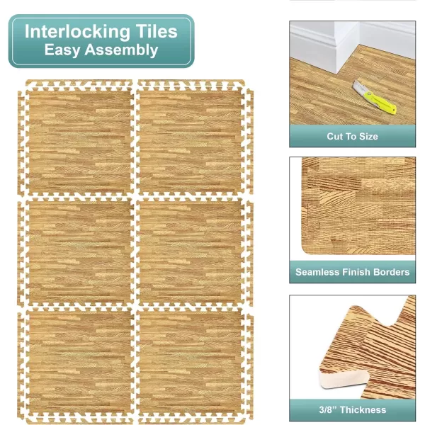 imageSorbus 96 Sq Ft Wood Grain Floor Tiles Foam Mat EVA Interlocking Mats Tile 38Inch Thick Flooring Wood Puzzle Exercise Mats wBorders  Home Playroom Basement Apartment Trade Show Baby DanceWood Grain  Light