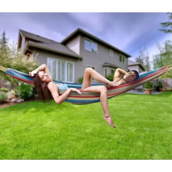 imageSorbus Brazilian Double Hammock  ExtraLong Two Person Portable Hammock Bed for Indoor or Outdoor Spaces  Hanging Rope Carrying Pouch Included BlueSandPurpleRed StripesBlueSandPurpleRed Stripes