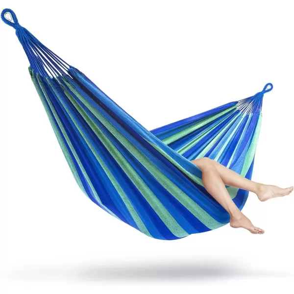 imageSorbus Brazilian Double Hammock  ExtraLong Two Person Portable Hammock Bed for Indoor or Outdoor Spaces  Hanging Rope Carrying Pouch Included BlueSandPurpleRed StripesBlueGreen Stripes