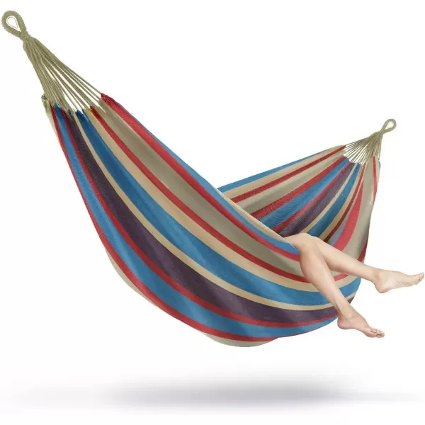 imageSorbus Brazilian Double Hammock  ExtraLong Two Person Portable Hammock Bed for Indoor or Outdoor Spaces  Hanging Rope Carrying Pouch Included BlueSandPurpleRed StripesBlueSandPurpleRed Stripes