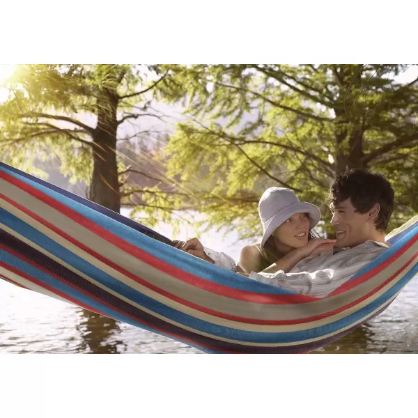 imageSorbus Brazilian Double Hammock  ExtraLong Two Person Portable Hammock Bed for Indoor or Outdoor Spaces  Hanging Rope Carrying Pouch Included BlueSandPurpleRed StripesBlueSandPurpleRed Stripes