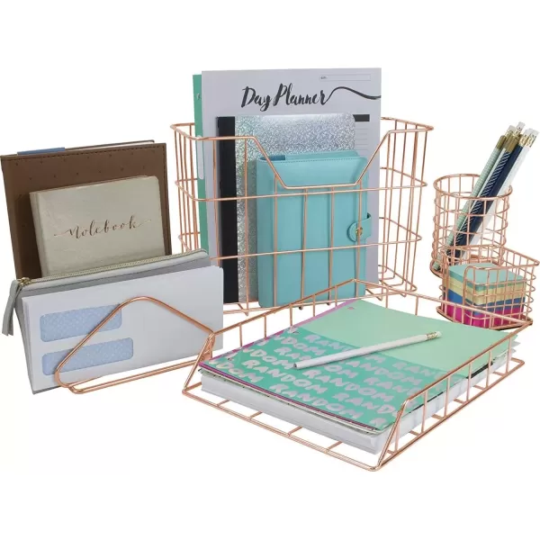 imageSorbus Desk Organizer Set Rose Gold 5Piece Desk Accessories Set Includes Pencil Cup Holder Letter Sorter Letter Tray Hanging File Organizer and Sticky Note holder for Home or Office CopperCopperRose Gold