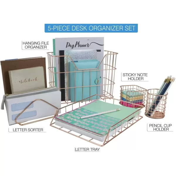 imageSorbus Desk Organizer Set Rose Gold 5Piece Desk Accessories Set Includes Pencil Cup Holder Letter Sorter Letter Tray Hanging File Organizer and Sticky Note holder for Home or Office CopperCopperRose Gold