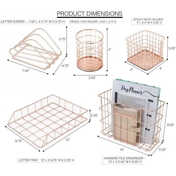 imageSorbus Desk Organizer Set Rose Gold 5Piece Desk Accessories Set Includes Pencil Cup Holder Letter Sorter Letter Tray Hanging File Organizer and Sticky Note holder for Home or Office CopperCopperRose Gold