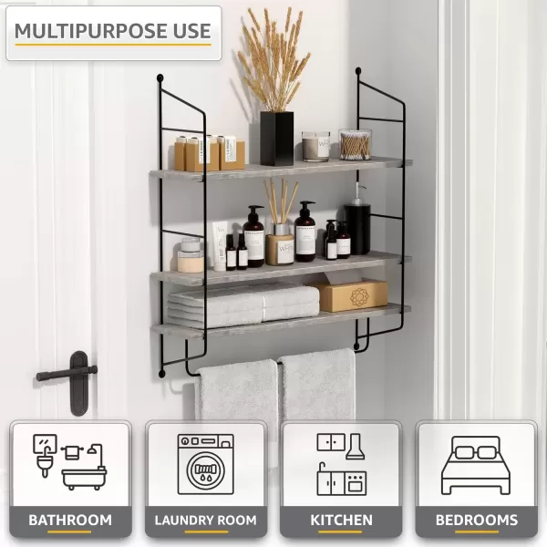 imageSorbus Floating Shelf with Metal Brackets  Wall Mounted Rustic Wood Wall Storage Decorative Hanging Display for Trophy Photo Frames Collectibles and Much More 3Tier  GrayGrey
